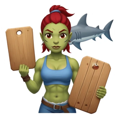 orc female holds a board with a shark painted vertically in his hands sticker