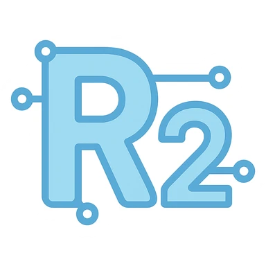 capital letter R and number 2 together, stylized with a tech-inspired look, suitable for an icon or logo sticker