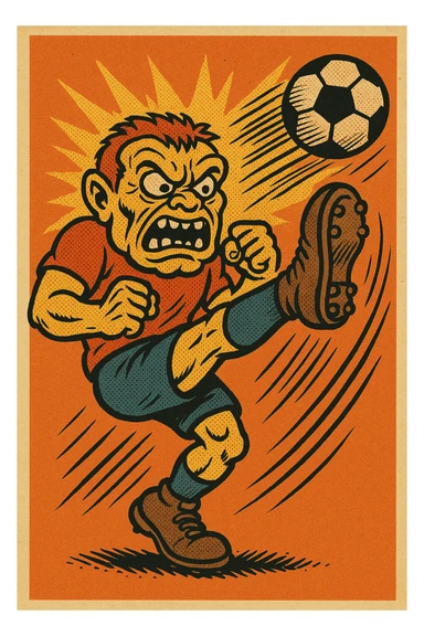 grotesque angry face executing a powerful high kick, ball flying, motion blur, bold colors, comic book style sticker