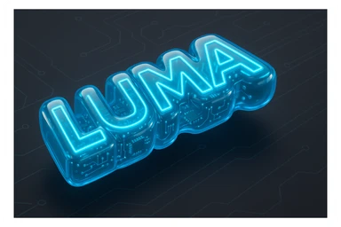 banner design for the word 'Luma' in a Tron-inspired style, featuring a large, bold, highly legible geometric font with neon blue outline and strong glow, set against a dark grey background with circuit-like lines, wide aspect ratio, futuristic digital look sticker