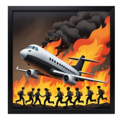 a plane crash in the middle of the night with fire and people running away sticker