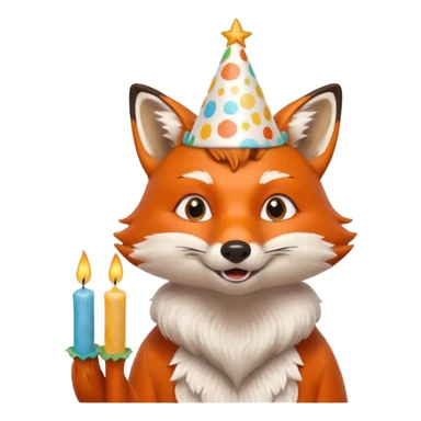 A fox wearing a birthday hat, joyfully blowing candles, portrait, bust up sticker
