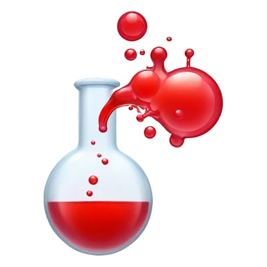 A chemical flask with red liquid inside and bubbles sticker