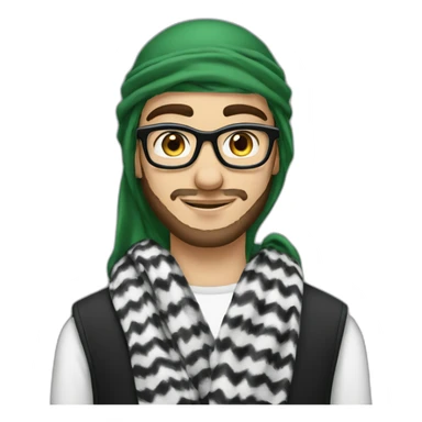 An 18-year-old young man with a thin beard and blue eyes, wearing black glasses and wearing a Palestinian keffiyeh.   sticker