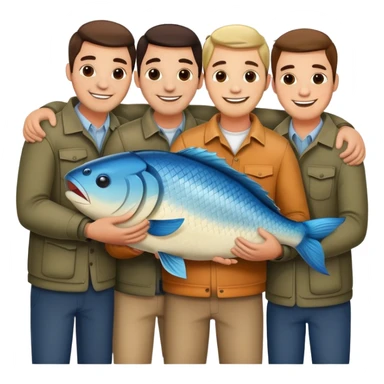 group of men huggin/holding a fish sticker