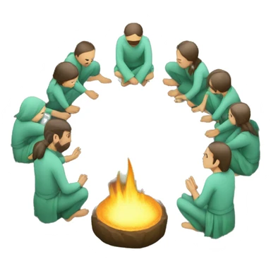 ritual with 7 people kneeling in a circle with green flame in the middle  sticker