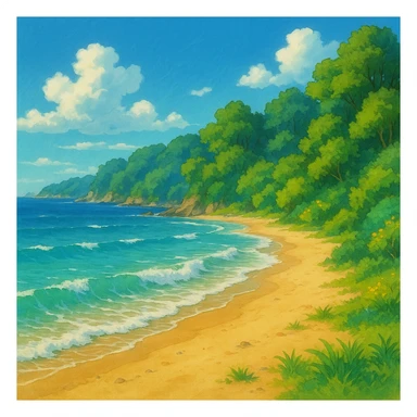 ghibli style coast with sandy beach, gentle waves, and lush greenery sticker