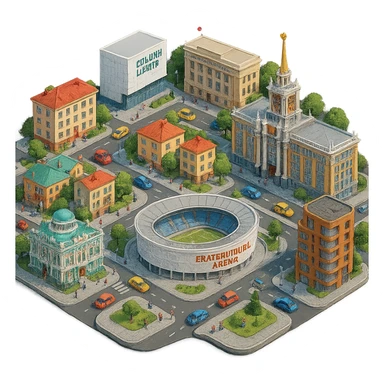 Изометричная миниатюрная фотореалистичная 3D модель Екатеринбурга - Дом Севастьянова, Ельцин-центр, Уральский федеральный университет, дома, Екатеринбург Арена, Медный дом, Здание Свердловского городского совета народных депутатов четкая детализация, яркие цвета, мультяшный реализм, люди, автотранспорт, компактная композиция, вид сверху в изометрии, прозрачный фон sticker