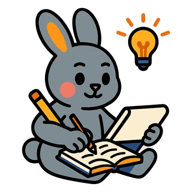 gray bunny writing in notebook with spark of light, vibrant-toon style sticker