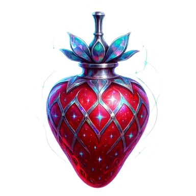 modernus prabangus eliksyro buteliukas, braškės forma, ryški raudona spalva, holografiniai ir sidabriniai ornamentai, stiprūs magiški švytėjimai ir efektai, labai mažas kaklelis, skaidrus fonas, vientisas dugnas, be šešėlio, plūduriuoja ore, kolekcijos stilius sticker