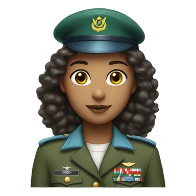 A girl with long curly dark hair wearing a green military uniform and a light blue beret on her head sticker