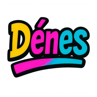 The name 'Dénes' in a modern, colorful gradient font with a dark outline, dynamic, slanted or partial underline, in the style of reference patterns. sticker