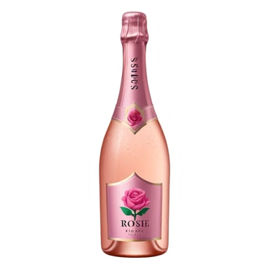 bottle of sparkling rosé with a rose logo on the label, tilted to the left, no glass sticker
