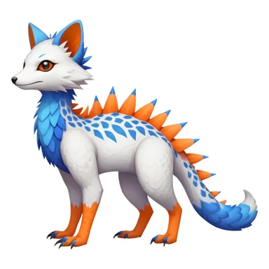 Rare realistic exotic white and neon-blue and neon-orange epic pretty beautiful handsome gorgeous aesthetic colorful vibrant Vernid-Trico-species-Fakemon-creature by LiLaiRa, 4 legs, 1 tail, random markings, (full body) orange spikes on tail  sticker