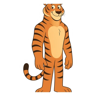 a tall tiger with a gentle smile, approachable and kind, cartoon style sticker