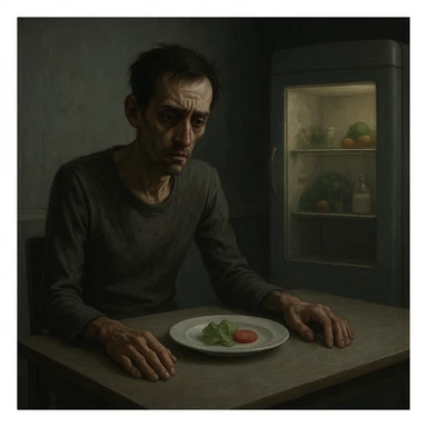symbolic realism, cinematic style; thin, tired man at minimalist table, plate with only lettuce and tomato, frustrated and weary, sunken eyes, cold empty kitchen, closed fridge with healthy foods inside, expressive face, muted colors sticker