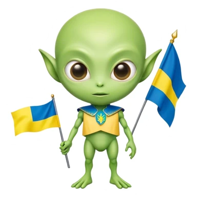 Green alien with Ukraine flag sticker