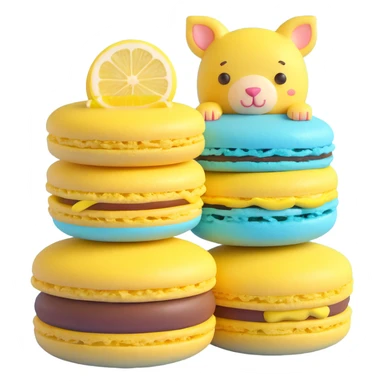 A yellow macaron with a lemon slice on top, two animals peeking out, light yellow background with white stars, detailed texture sticker