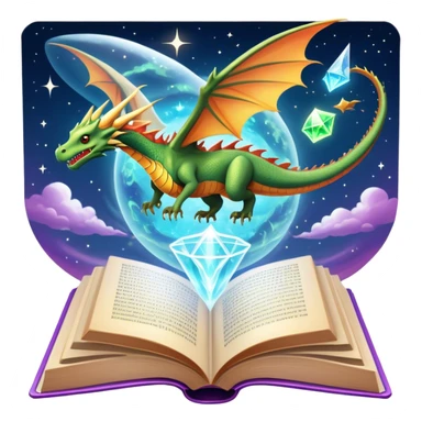 Icon for Fantasy and Sci-Fi Reading: an open book with magical creatures like dragons and fairies flying out, with a futuristic spaceship in the sky and a wizard casting spells. The icon should represent the magic and adventure of fantasy and science fiction worlds. Transparent background. sticker