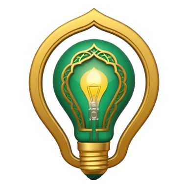 3D emoji, light bulb with Moroccan arabesque pattern inside, golden frame, glowing light, emerald green and gold colors, minimalist, white background. sticker