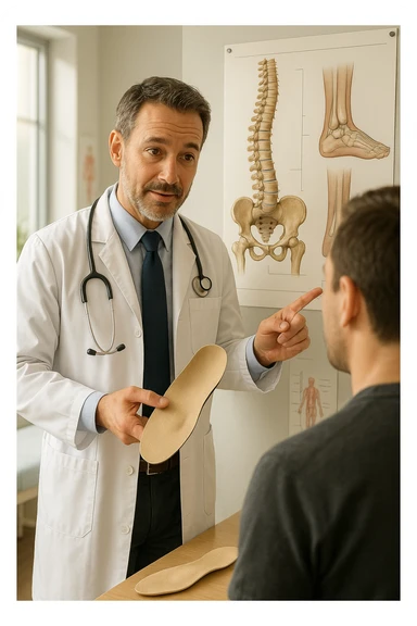 A realistic, cinematic illustration of a professional male doctor in his mid-40s, wearing a white coat, calmly explaining to a patient the benefits of using orthopedic insoles (plantari) for posture correction. The doctor holds a custom insole in his hand while pointing gently to a detailed anatomical poster showing the human spine, pelvis, and feet, illustrating the connection between foot alignment and posture. The setting is a bright, clean medical office with soft natural lighting, a treatment table, and educational anatomical charts in the background. The patient, seen from behind, listens attentively, while the doctor maintains a warm, knowledgeable expression, emphasizing preventive care and body alignment through plantar support. The scene feels trustworthy, modern, and health-focused. sticker