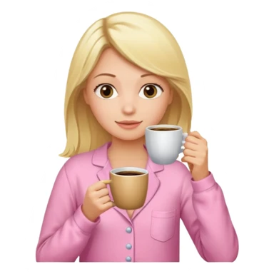 A blonde woman in pink pajamas wakes up to drink coffee. sticker