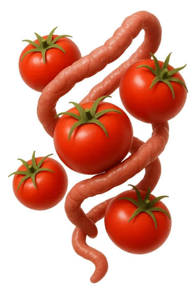 emoji stile iphone di pomodori che fluttuano in aria con colon attorcigliato intorno, iperrealistico 4k, isolato su sfondo bianco sticker