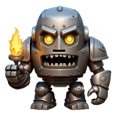 Cinematic Comical Mighty Iron Golem Portrait Emoji Head tilted dramatically with an exaggeratedly amused expression, featuring a bulky, armored form with a slightly lopsided stance, ancient runes flickering erratically, and one massive, jointed hand raised in a slow, deliberate wave. Wide, expressive glowing eyes give it an almost humorous, puzzled look, as if it’s contemplating something far beyond mortal understanding. Rendered with detailed metallic textures and deep, dynamic lighting, high shine, dramatic yet whimsical, styled with a hint of unexpected charm, soft glowing outline, capturing the essence of an endearing yet colossal guardian that looks ready to crack an impossibly slow, earth-shaking joke! sticker