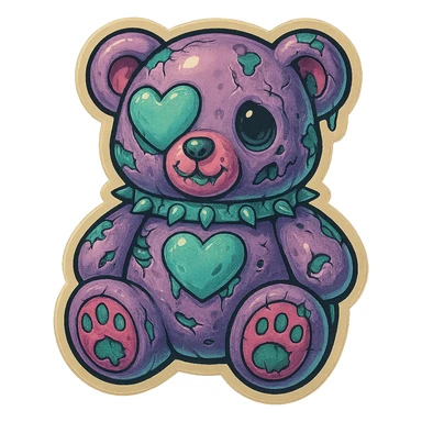 Turn this image into a zombie bear with pastel goth colors, wearing a heart-shaped eye patch, in retro stickers style, with no background. sticker