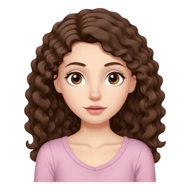 Aesthetic white girl with really long wavy/curly hair color dark brown, hair most be in front of the shoulders (hair in front of the shoulders). Big almond shape eyes color brown, small wide nose, natural lips, sweet expression. Dressed with a cute tight top color light pink. sticker