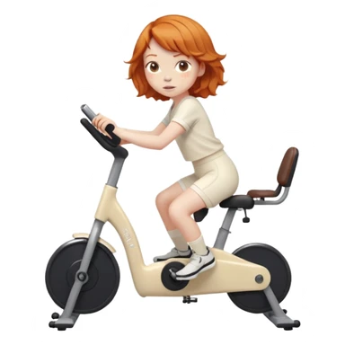 Ginger girl tousled french bob haircut riding stationary bike cream outfit sticker