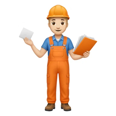 railway engineer full body in orange overalls, carrying one piece of paper with both hands in front of him sticker