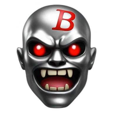 chrome demon with red lazer eyes and letter B on the face, 3d, portrait, black background sticker