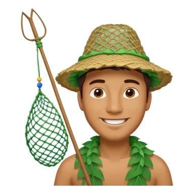 Hawaiian man with leaf hat and big fishing net and colorful cloth sticker