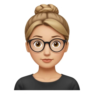 femme de 38 ans avec des cheveux tirés vers l'arrière blond foncé sans mèche devant, un chignon haut, yeux bruns, lunettes rondes, visage ovale sticker