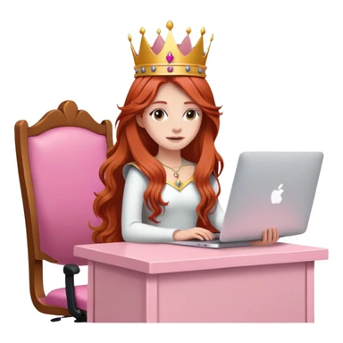 Long haired Redhead with crown on her head sat at the desk with MacBook and pink desk chair  sticker