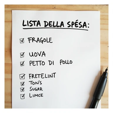 top view of a sheet of paper with handwritten shopping list in pen: 'LISTA DELLA SPESA: - FRAGOLE - UOVA - PETTO DI POLLO', with check marks on already purchased items, hyperrealistic 4K, no background sticker