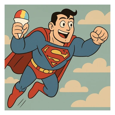 Superman flying with a snow cone in hand, dynamic action, bold colors, animated style sticker
