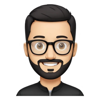 Light-skinned man with extremely short black hair, short clearly graying beard, big black glasses frames, happy smile, black long sleeve shirt with prominent zip at neck sticker