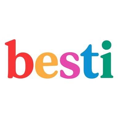colorful modern text image with the word 'besti' in the center, varied colorful fonts, no emoji or face sticker