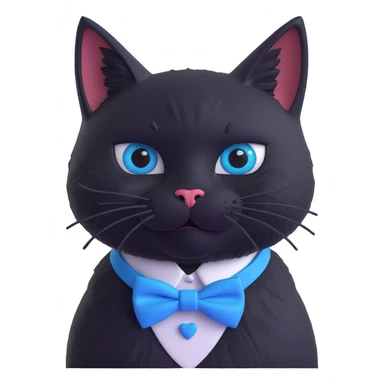 solid black cat no tuxedo with a blue bowtie collar, 3D cartoon style, semi-realistic fur texture, shiny eyes sticker