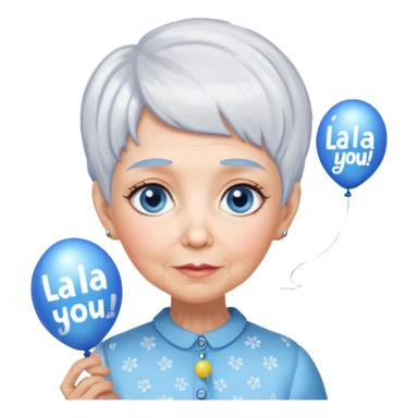 Grandma with big blue eyes, pixie cut white glitter hair, thin, holding a balloon that says Lala loves you!  sticker