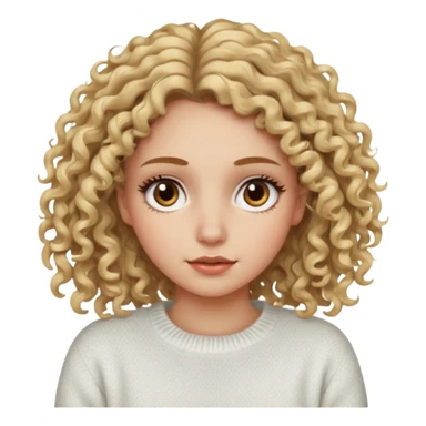 a dirty blonde girl with brown eyes and make her wearing a white sweater with curly hair and white skin color long har and big lashes sticker