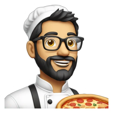 Dark haired 30 years old chef with beard and big glasses proudly holding a pizza sticker