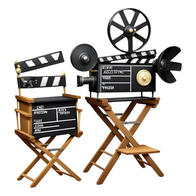 Icon for Acting: a theatrical mask, stage lights, a director’s chair, a script, a movie camera and a clapperboard, representing the craft of acting in theater and film. Famous actor-star. The design should reflect creativity, performance, and storytelling. Transparent background. sticker