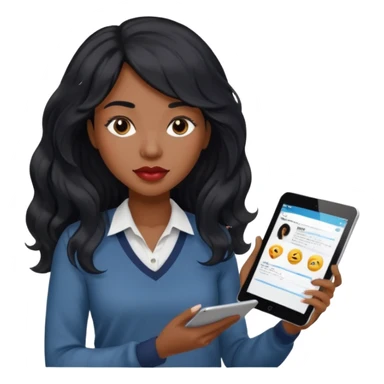 A young woman with long black hair, a wavy frange falling on half of her head.  She's black, medium to dark skinned with thick lips. She's holding something that let's us know she's the CEO of a creative agency, but she's wearing casual clothes. she has long eyelashes. sticker