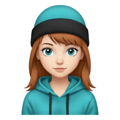 girl with brown side bang hair wearing a black beanie  and a teal hoodie. she has blue eyes, long lashes and is smirking sticker