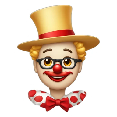 un clown avec nez rouge, sourcil arqués juste qu’en bas de ces yeux ovales des boucles blondes et un haut chapeau  sticker