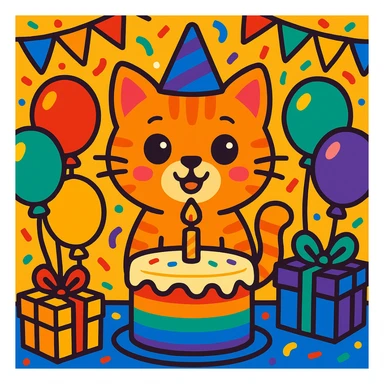 birthday party scene with rainbow balloons, multicolored decorations, confetti, large rainbow birthday cake, gifts, festive atmosphere, featuring a ginger tabby kitten wearing a birthday hat as the main character sticker