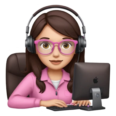 woman emoji with light pink glasses working on computer, light skin, long dark brown hair sticker